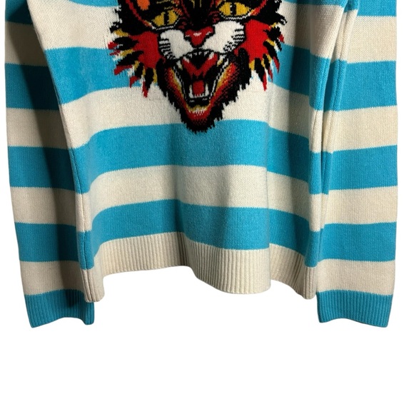 GUCCI Angry Cat-Intarsia Wool Striped Sweater Blue White L - Picture 4 of 12